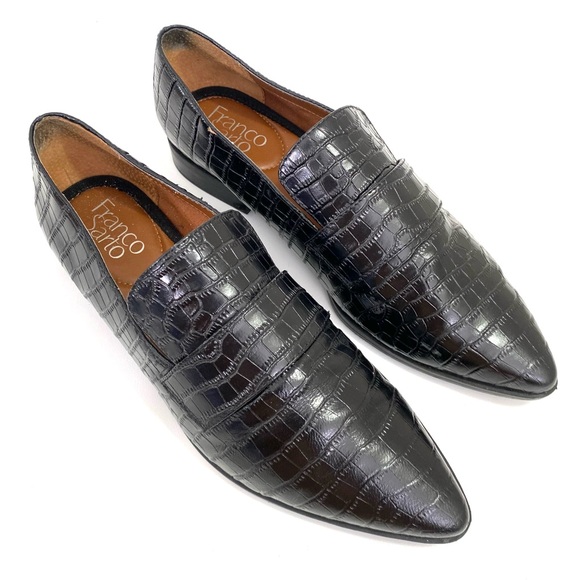 Franco Sarto Pointed Toe Loafers 8 M Black Leather Flat Croc Print Slip On - Picture 2 of 12